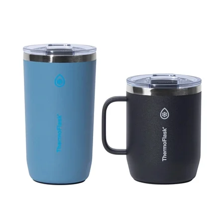 ThermoFlask Stainless Steel Insulated Coffee Mug Set 2 Pack (Blue/Black)