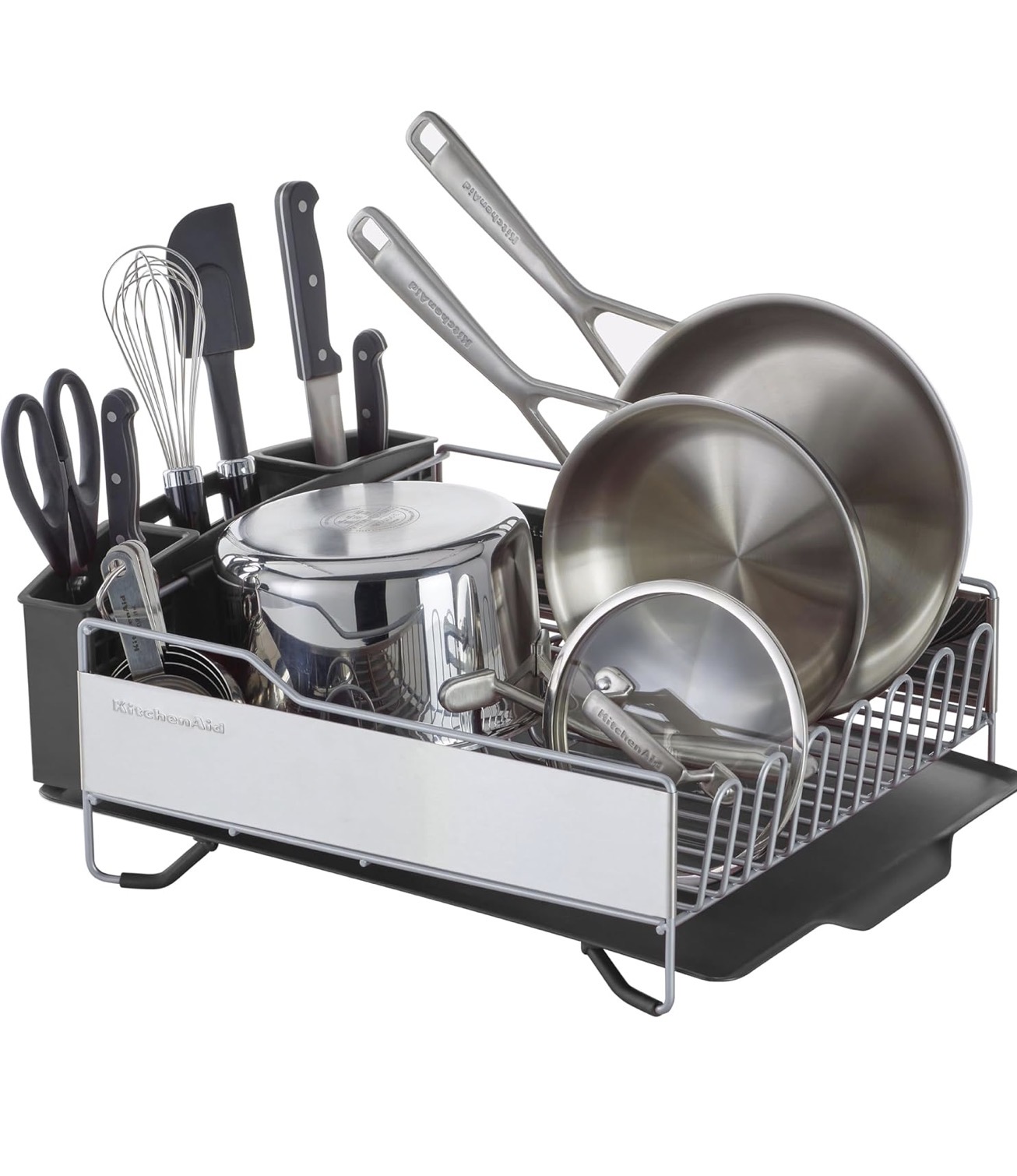 KitchenAid Large Capacity Full Size Rust Resistant Dish Rack with Angled Drain Board and Removable Flatware Caddy, Light